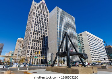 DETROIT, MI, USA - NOVEMBER 10: Monument To Joe Louis And Coleman A. Young Municipal Center On November 10, 2020 In Downtown Detroit, Michigan.