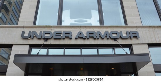 DETROIT, MI / USA - OCTOBER 21, 2017:  UnderArmour, whose Detroit store logo is shown here, has almost 300 stores. 