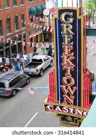 DETROIT, MI-AUGUST, 2015:  Neon Sign For The Greektown Casino, One Of 3 Casinos In The City Of Detroit.