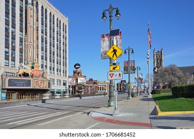  Detroit, Michigan - Apr. 11, 2020: Woodward Avenue with view of Little Caesar Arena                              