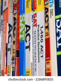 Detroit, Michigan - August 05, 2022 : Row Of ACT And SAT Books Contain Standardized Practice Tests For University Admissions In USA.