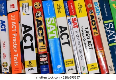 Detroit, Michigan - August 05, 2022 : Row Of ACT And SAT Books Contain Standardized Practice Tests For University Admissions In USA.