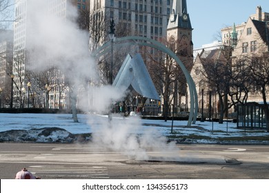 Detroit, Michigan February 3, 2019: The Millennium Bell, located in the Grand Circus Park was commissioned by the City of Detroit to ring in the new millennium (2000). 
