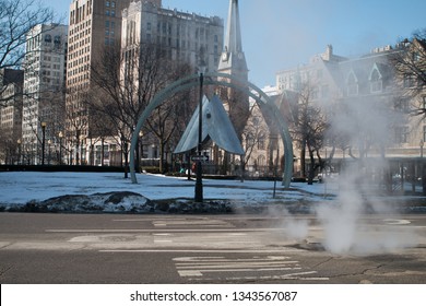 Detroit, Michigan February 3, 2019: The Millennium Bell, located in the Grand Circus Park was commissioned by the City of Detroit to ring in the new millennium (2000). 