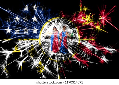 Detroit, Michigan Fireworks Sparkling Flag. New Year 2019 And Christmas Party Concept