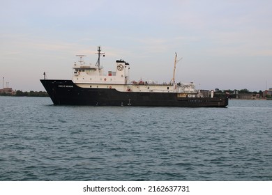 DETROIT, MICHIGAN - May 31, 2022: The Great Lakes Maritime Academy Ship The State Of Michigan Rests At Anchor In The Detroit River.