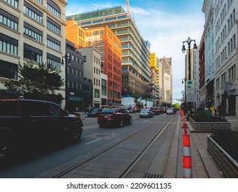 Detroit, Michigan - Sep 10, 2022: Landscape Wide View Of Detroit Downtown Skyline At Woodward Avenue.