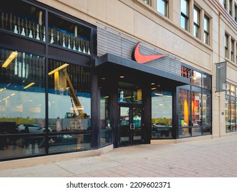 Detroit, Michigan - Sep 10, 2022: Landscape Close Up View Of Nike Storefront In Downtown Detroit.