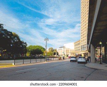 Detroit, Michigan - Sep 10, 2022: Landscape Wide View Of Clifford Street In Downtown Detroit With Light Traffic.