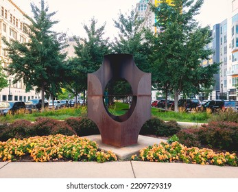 Detroit, Michigan - Sep 10, 2022: Landscape Close Up View Of A Metal Sculpture On Washington Blvd. And Clifford St. In Downtown Detroit.