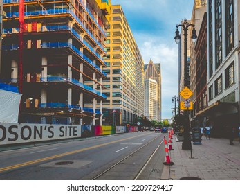 Detroit, Michigan - Sep 10, 2022: Landscape Wide View Of Detroit Downtown Skyline At Woodward Avenue.