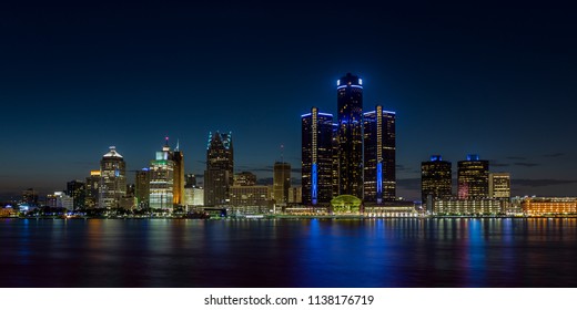Detroit, Michigan skyline at night shot from Windsor, Ontario