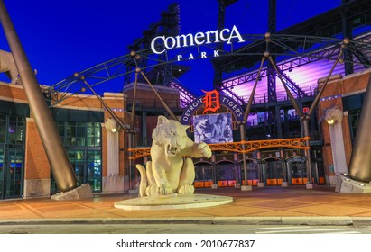 Detroit, Michigan, USA - August 30, 2020: Entrance Of Comerica Park Stadium In Nighttime, Home Of The Detroit Tigers Team.