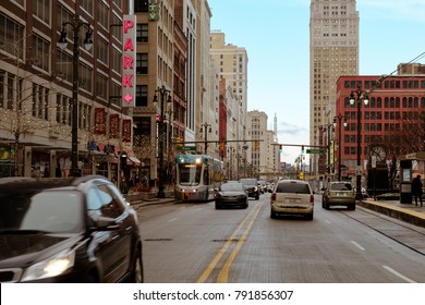 Detroit, Michigan / USA - Dec 24th 2017: Street View With Q-Line Streetcar Of Downtown Area Of The Most Populous City In The State,  The Largest City On The United States–Canada Border