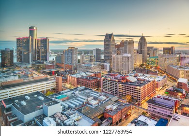 Detroit, Michigan, USA downtown skyline from above at dusk. - Shutterstock ID 1227763954