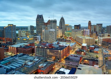 Detroit, Michigan, USA downtown skyline from above at dusk.