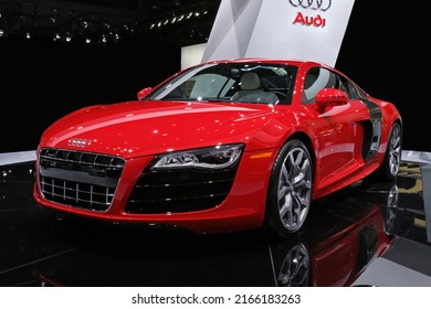 Detroit, Michigan  USA - January 20 2009:  A red Audi R8 sports car on display at the 2009 North American International Auto Show (NAIAS).