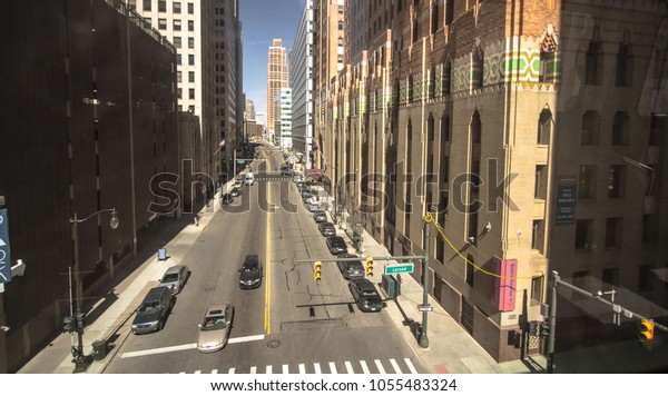 Detroit, Michigan, USA - March 20, 2018:\
Panorama of downtown Detroit street on Woodward Avenue. Detroit is\
the largest city in\
Michigan.\
