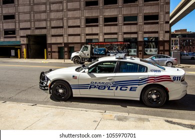 Detroit, Michigan, USA - March 22, 2018: Detroit Police Car Parked On A City Street In The Riverfront Area Of Downtown Detroit. 