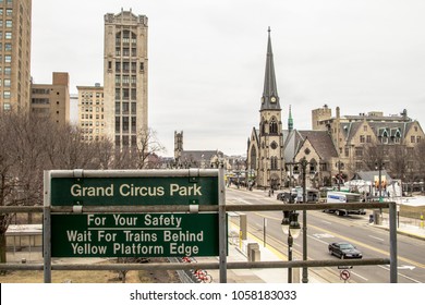 Detroit, Michigan, USA - March 22, 2018: Cityscape Of Detroit's Historic Grand Circus Park Along Woodward Avenue. This Portion Of Detroit Includes Comerica Park, Ford Field, Little Ceasars Arena And T