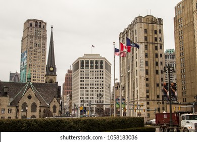 Detroit, Michigan, USA - March 22, 2018: Cityscape Of Detroit's Historic Grand Circus Park Along Woodward Avenue. This Portion Of Detroit Includes Comerica Park, Ford Field, Little Ceasars Arena And T