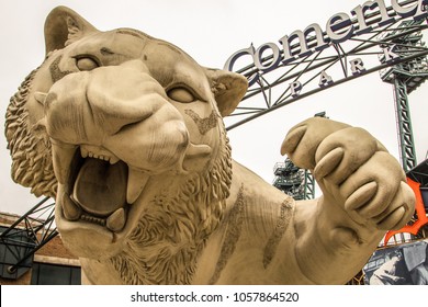 Detroit, Michigan, USA - March 28, 2018: Exterior Of Comerica Park With The Detroit Tigers Mascot. Comerica Is Home To The Tigers And Has A Capacity Of Over 41,000 People. 