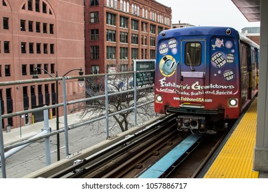 Detroit, Michigan, USA - March 28, 2018: The Detroit People Mover Public Transit System Enters The Bricktown Station. The Elevated Monorail Is One Of Many Public Modes Of Transportation In The City.
