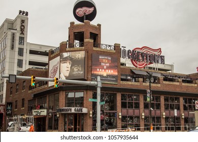 Detroit, Michigan, USA - March 28, 2018: The Hockeytown Cafe Has Been Voted The Best Sports Bar In Detroit. It Features Detroit Tigers And Red Wings Memorabilia And Is Owned By The Illitch Family.
