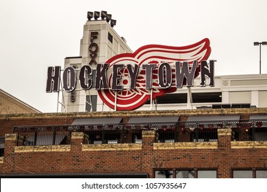 Detroit, Michigan, USA - March 28, 2018: The Hockeytown Cafe Has Been Voted The Best Sports Bar In Detroit. It Features Detroit Tigers And Red Wings Memorabilia And Is Owned By The Illitch Family.
