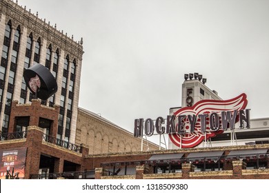 Detroit, Michigan, USA - March 28, 2018: The Hockeytown Cafe Has Been Voted The Best Sports Bar In Detroit. It Features Detroit Tigers And Red Wings Memorabilia And Is Owned By The Illitch Family