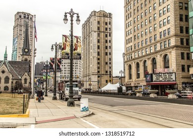 Detroit, Michigan, USA - March 28, 2018: The Skyline And City Streets Of The Historic Grand Circus Park Neighborhood Of Downtown Detroit, Michigan