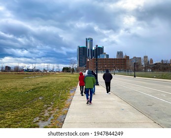 Detroit, Michigan, USA - March 28, 2021: Dramatic Detroit Riverfront Or River Walk Landscape. Beautiful Cityscape.