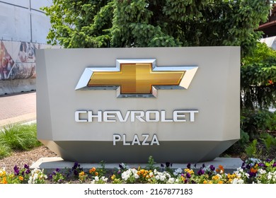 Detroit, Michigan, USA - May 30, 2022: Exterior sign of Chevrolet Plaza located with in Little Caesars Arena, a multi-purpose arena in Midtown Detroit.