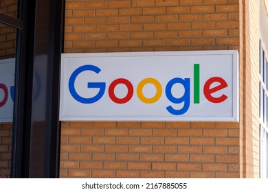 Detroit, Michigan, USA - May 30, 2022:  Google sign at the entrance of office building in Detroit, Michigan. Google LLC is world famous Information technology, e-commerce and advertising company.
