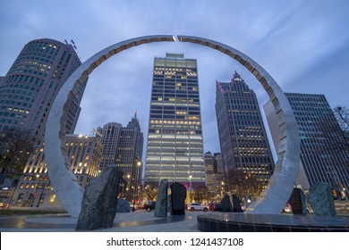 Detroit, Michigan, USA - November 23, 2018: View of downtown Detroit at night in Michigan, USA