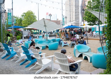 Detroit, Michigan/USA - 08 09 2020: Campus Martius Downtown Detroit  City Beach During Covid-19 Pandemic