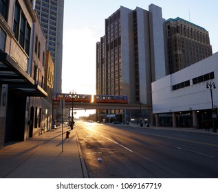 Detroit, Michigan/USA - April 8th, 2018 : View On Empty Street And The Detroit People Mover At Sunset.