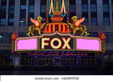 DETROIT, MICHIGAN/USA July 27, 2019 Fox Theatre Entertainment Venue In Downtown Detroit, Michigan, Beautifully Lit At Night, July 27, 2019