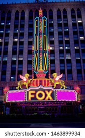 DETROIT, MICHIGAN/USA July 27, 2019 Fox Theatre Entertainment Venue In Downtown Detroit, Michigan, Beautifully Lit At Night, July 27, 2019