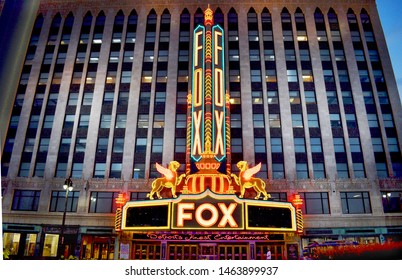 DETROIT, MICHIGAN/USA July 27, 2019 Fox Theatre Entertainment Venue In Downtown Detroit, Michigan, Beautifully Lit At Night, July 27, 2019