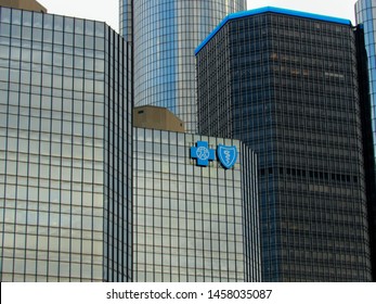 Detroit, Mich./USA-7/21/19: Corporate Offices Of Blue Cross And Blue Shield Of Michigan In Renaissance Center, Which Also Houses General Motors' Headquarters.                              