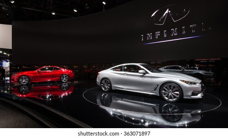 DETROIT, MI/USA - JANUARY 12, 2016: Infiniti Q60 and Q60S global debut cars at the North American International Auto Show (NAIAS), one of the most influential car shows in the world each year.