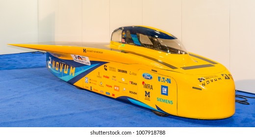 DETROIT, MI/USA - JANUARY 15, 2018: Solar Novum 2 World Solar Challenge Race Car, Driven By Team University Of Michigan Engineering, At The North American International Auto Show (NAIAS).