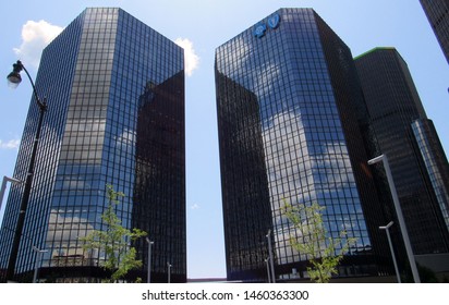 Detroit, MI/USA-7/24/19: The 500 Renaissance Center Building, Right, Bears The Blue Cross/Blue Shield Of Michigan Insignia. The Health Insurer Is Headquartered Downtown.                             