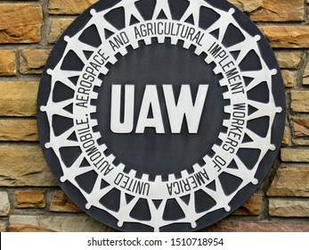 Detroit, MI/USA-9/20/19: The Official Seal Of The United Auto Workers And Agricultural Implement Workers Union Outside UAW Headquarters In Detroit.