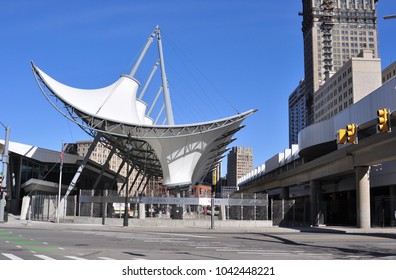 Detroit, MI/USA-March 4 2018: Rosa Parks Transit Center, the main bus terminal downtown. Designed by Parsons Brinckerhoff, this unique canopy is a tensile structure with station on Michigan Avenue