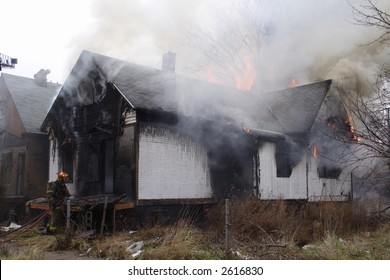 Detroit Neighborhood House In Flames And Billowing Smoke