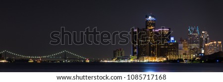 Detroit Skyline at Night. Panoramic image.