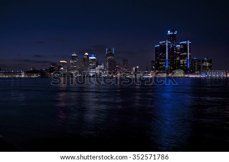 Detroit Skyline Night Shot From Canada