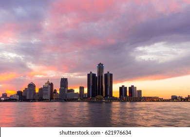 Detroit Skyline River Walk Red Sunset 